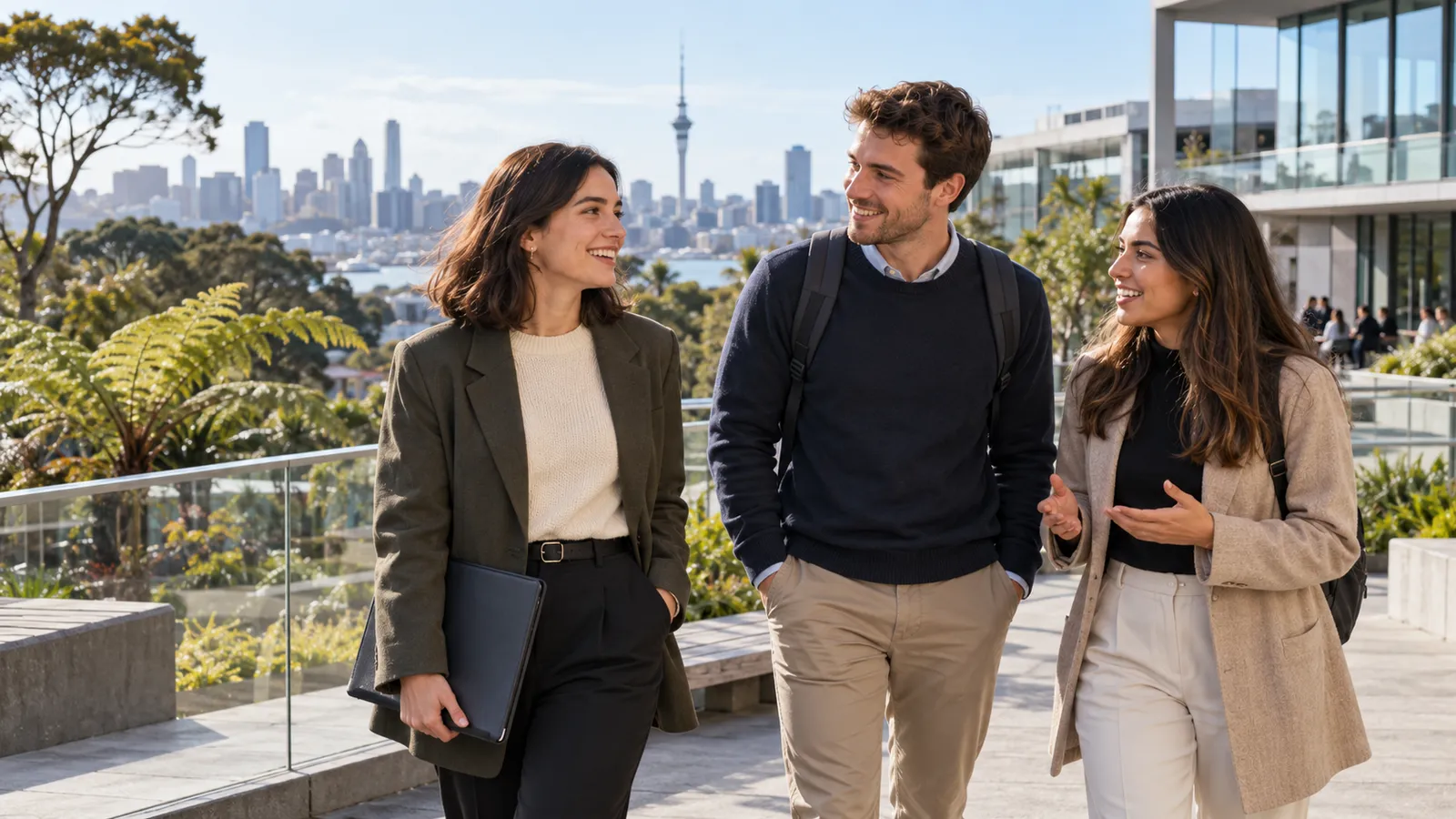 Tres jóvenes conversan en una terraza universitaria con vegetación y vistas a la Sky Tower de Auckland.