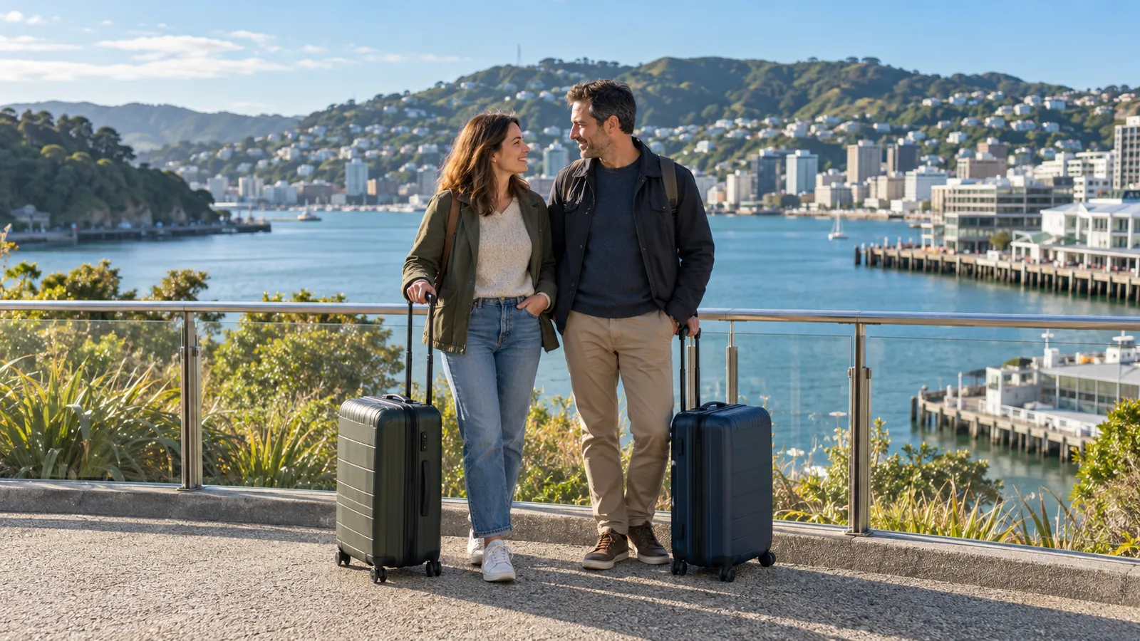 Una pareja con maletas se sonríe en un mirador junto al puerto de Wellington, con colinas verdes y edificios al fondo.