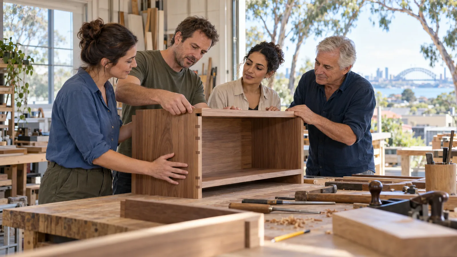 Cuatro personas de distintas edades montan un mueble de madera en un taller luminoso con vistas al puerto de Sídney.