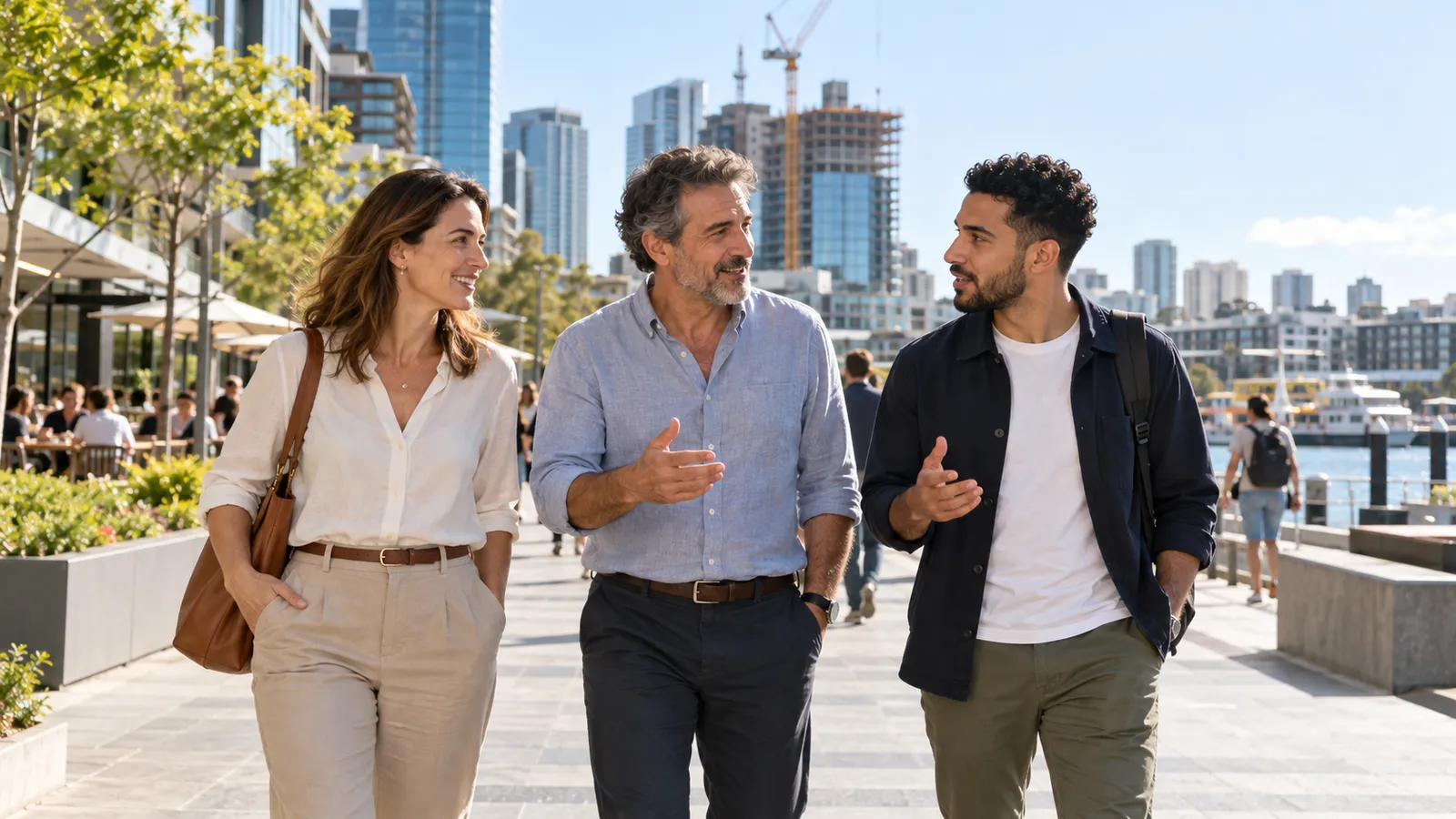 Tres adultos pasean y conversan junto al agua en Sídney, con edificios modernos y grúas al fondo.