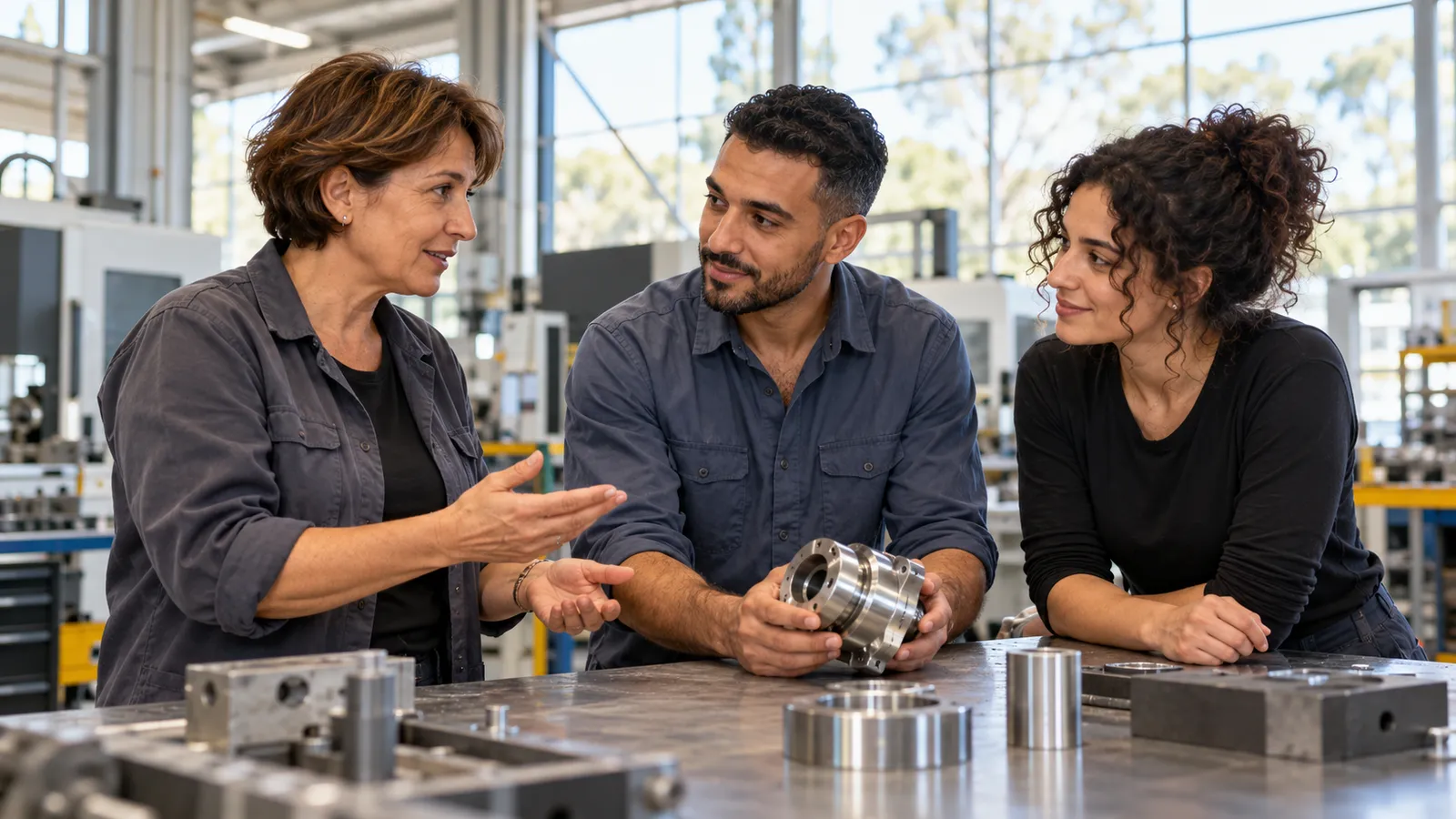 Tres profesionales conversan sobre una pieza metálica junto a un banco de trabajo en un luminoso taller industrial.