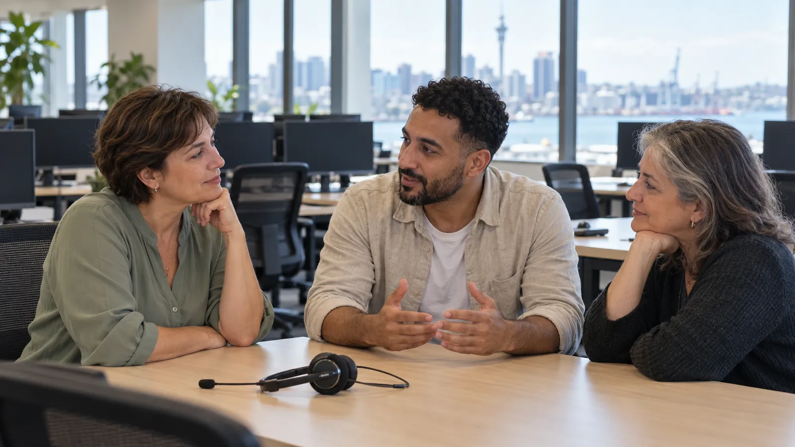 Tres compañeros conversan en una oficina de atención al cliente con vistas a Auckland y unos auriculares sobre la mesa.