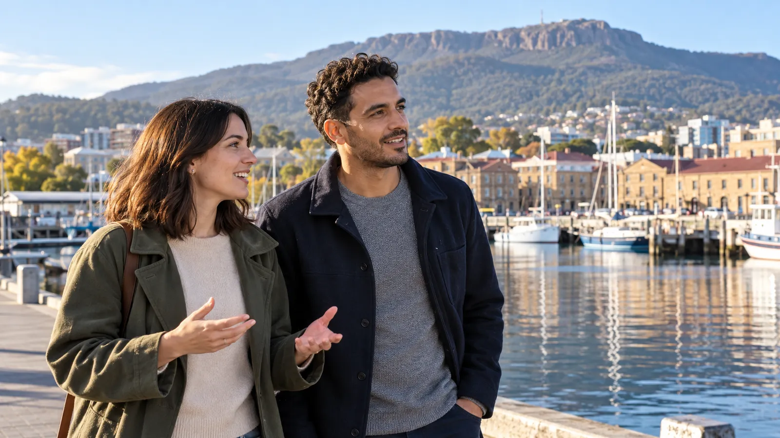 Una pareja conversa junto al puerto de Hobart, con barcos y el monte Wellington al fondo en una mañana soleada.