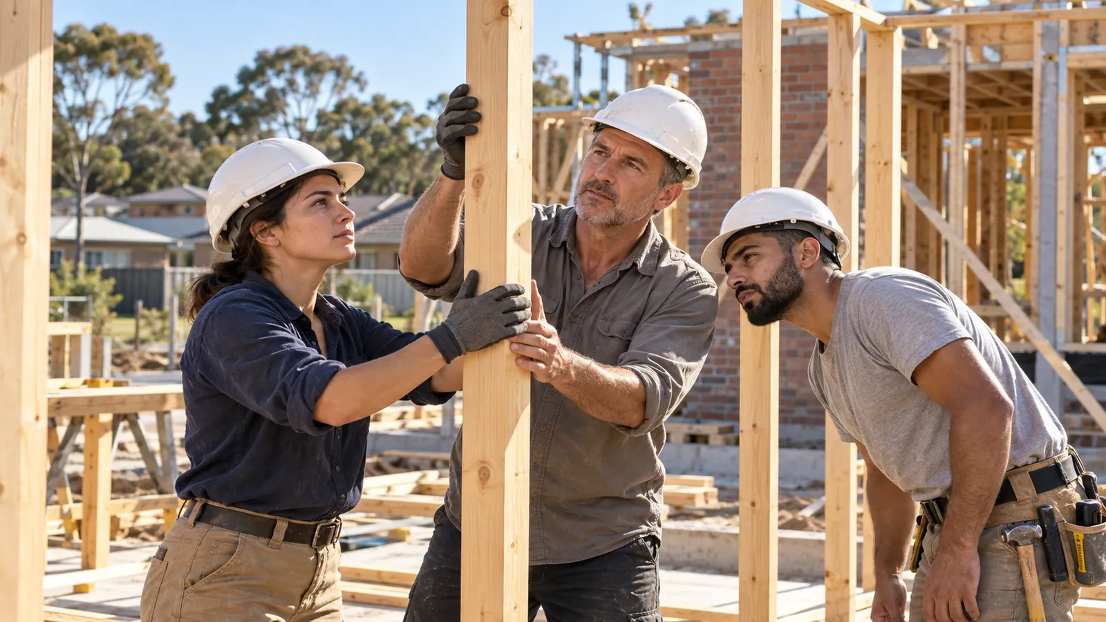 Tres profesionales de la construcción con casco ajustan un poste de madera en una vivienda en obras en Australia.