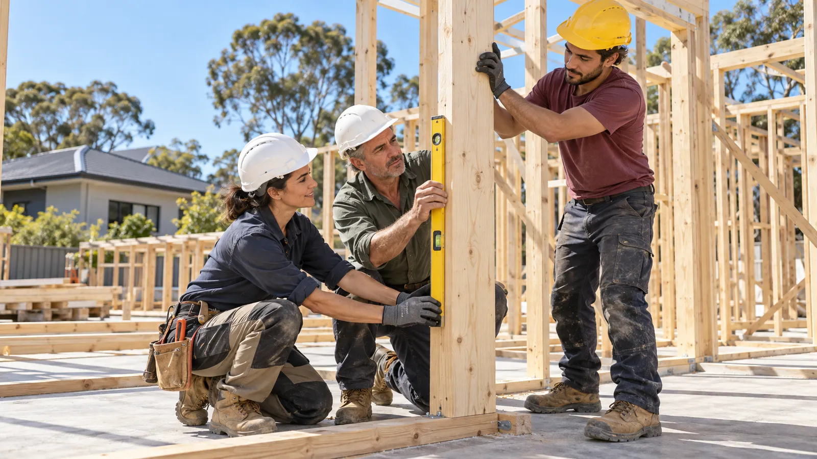 Tres profesionales con casco comprueban la alineación de un pilar de madera en una vivienda en construcción en Australia.
