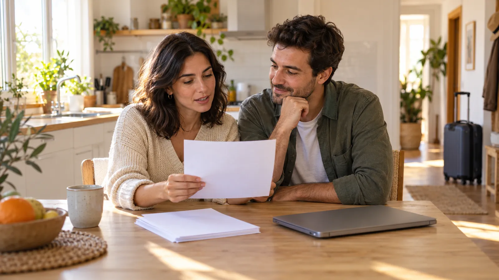 Una pareja revisa una hoja en blanco en una cocina luminosa, con un portátil cerrado sobre la mesa y una maleta al fondo.