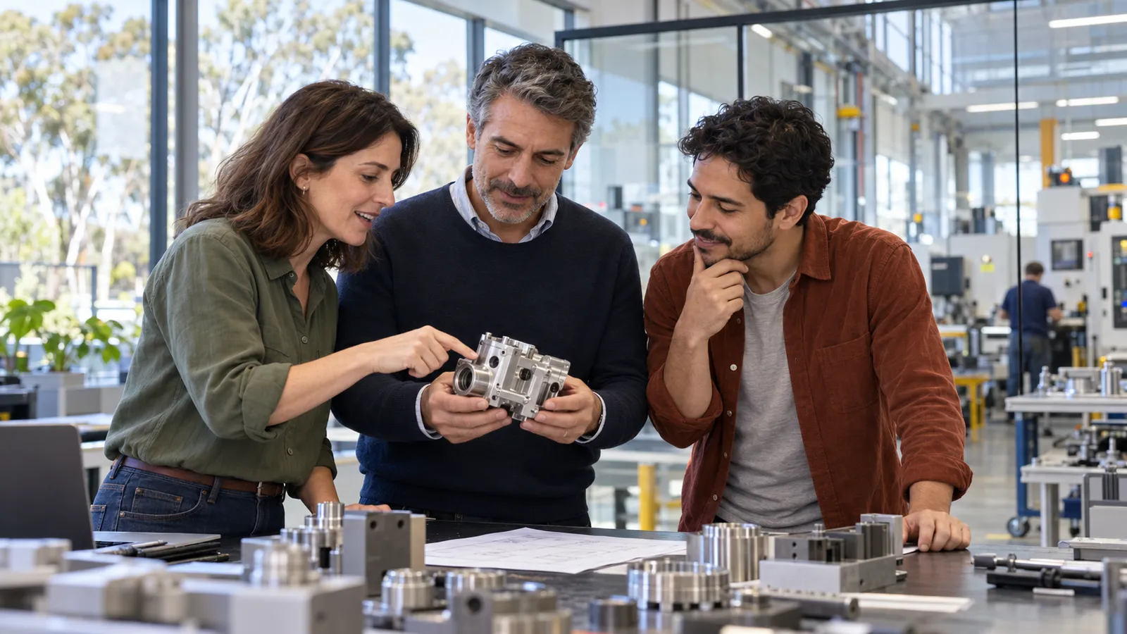 Tres profesionales examinan una pieza metálica junto a una mesa de trabajo en un luminoso taller industrial australiano.
