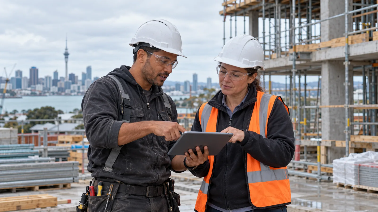 Un electricista español revisa una tableta con una supervisora en una obra de Auckland, Nueva Zelanda.