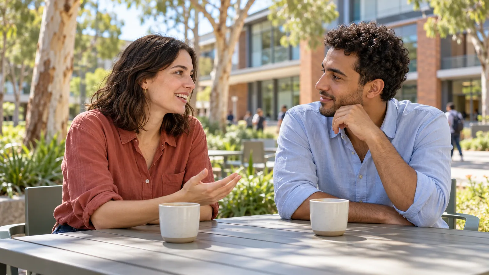 Dos estudiantes conversan junto a dos tazas en una mesa del patio arbolado de un campus australiano.