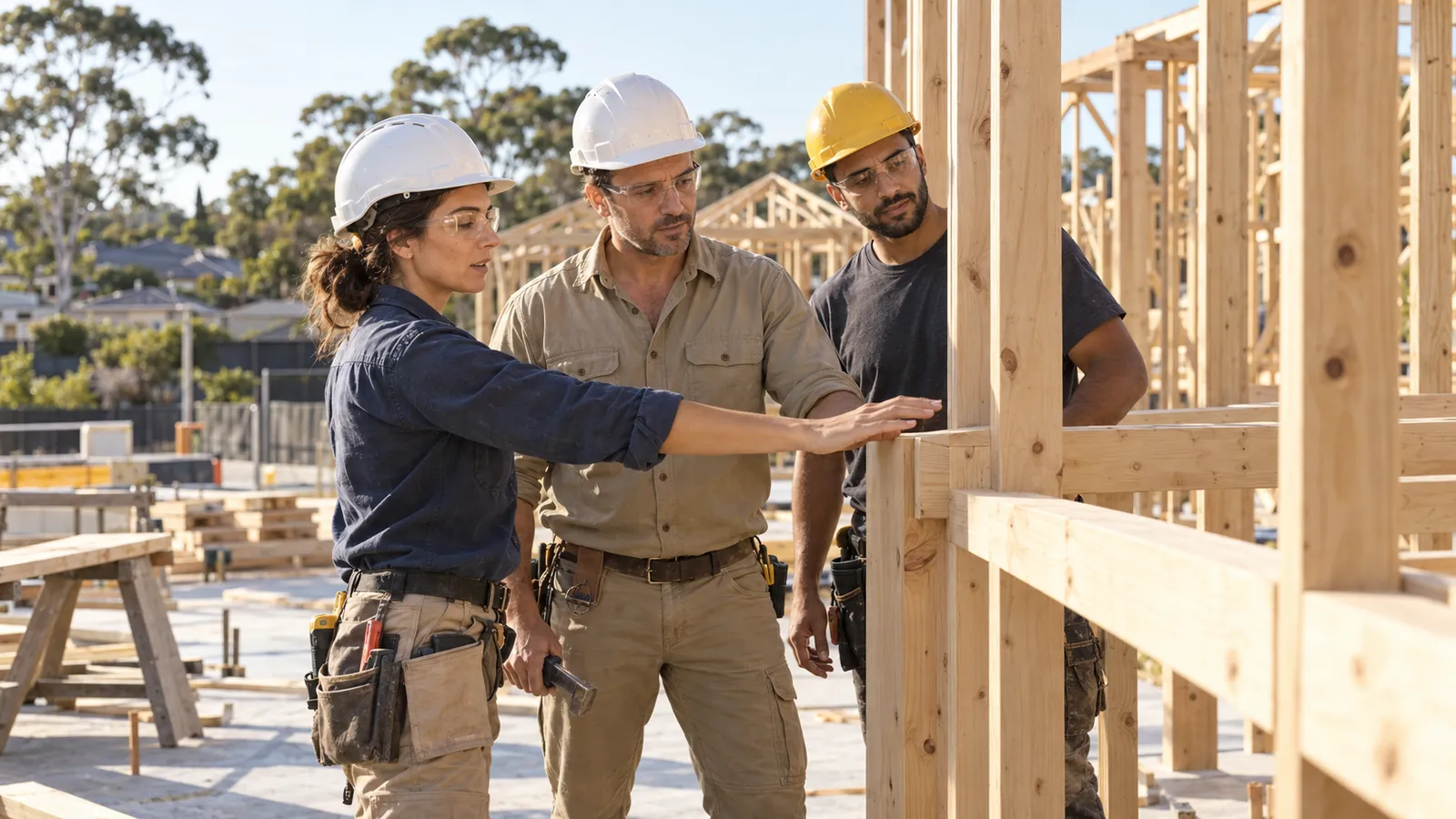 Tres profesionales de la construcción con casco revisan la estructura de madera de una vivienda en una obra en Australia.