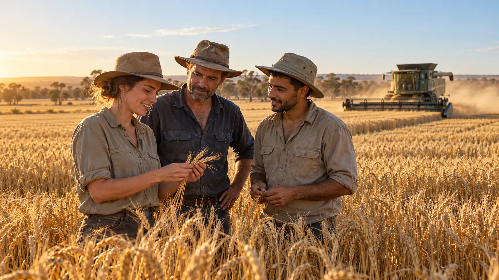 Tres trabajadores examinan espigas en un campo de trigo australiano al atardecer, con una cosechadora al fondo.