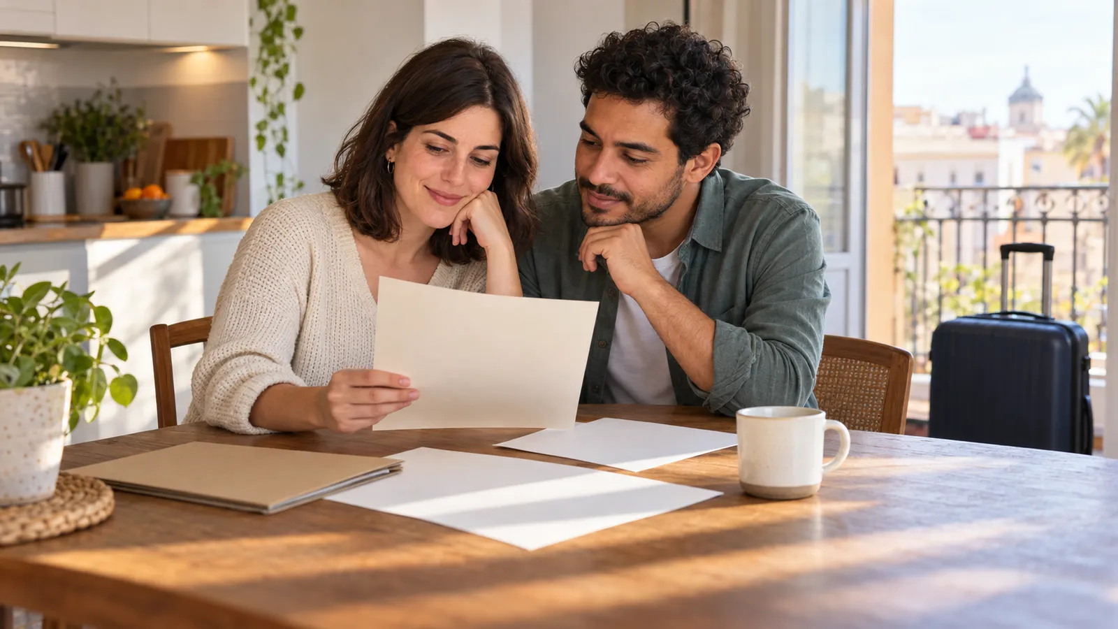 Una pareja revisa papeles en la mesa de una cocina luminosa, con una maleta junto a la ventana.