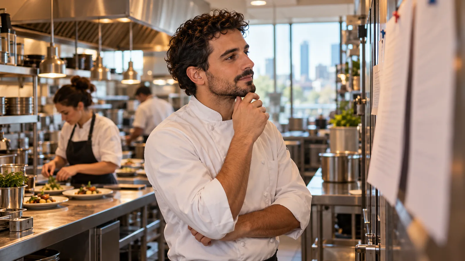 Un cocinero español revisa su horario en una cocina de Melbourne mientras una compañera emplata comida.