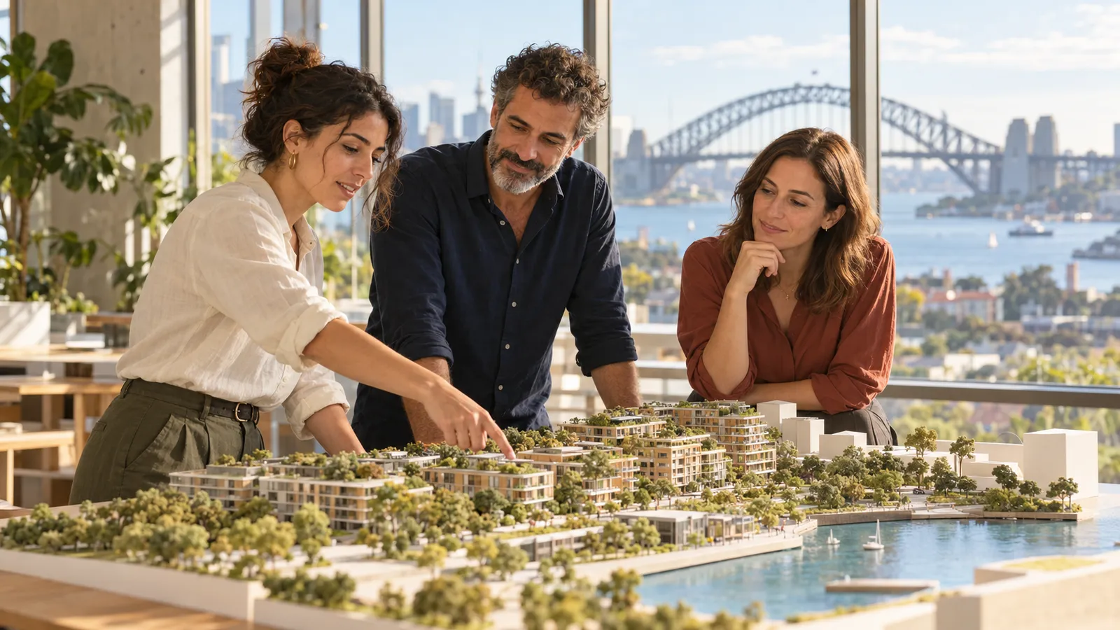 Tres profesionales revisan una maqueta de edificios sostenibles en una oficina con vistas al puerto de Sídney.