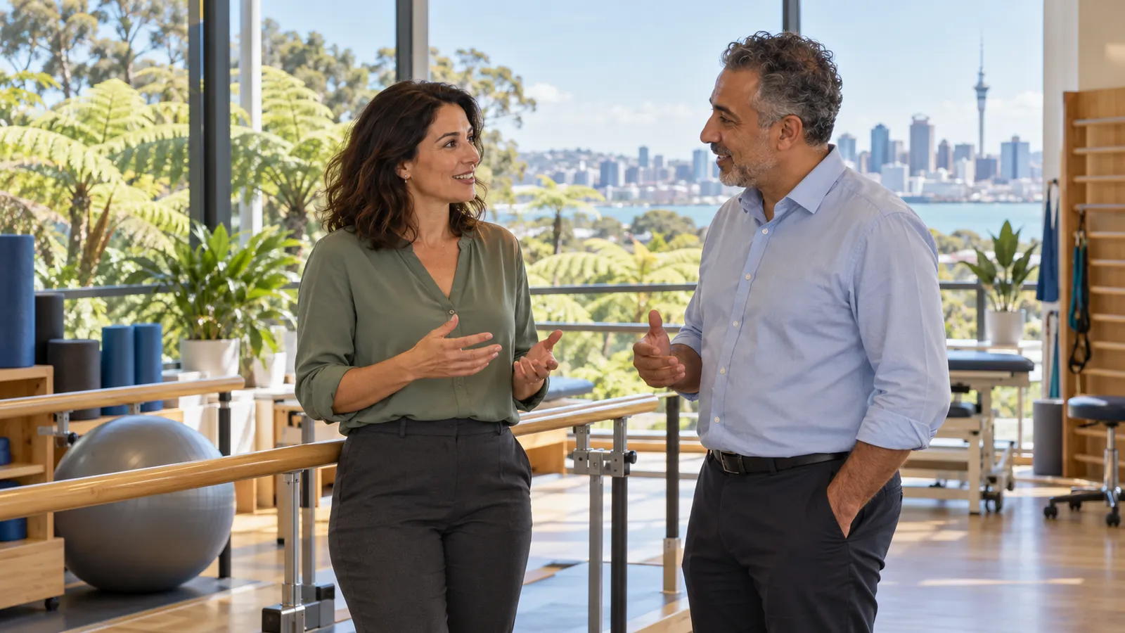 Una mujer y un hombre conversan en un centro de rehabilitación luminoso con vistas a Auckland.
