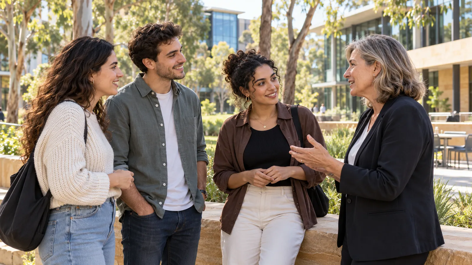 Tres estudiantes conversan con una profesora en un patio universitario australiano iluminado por el sol.