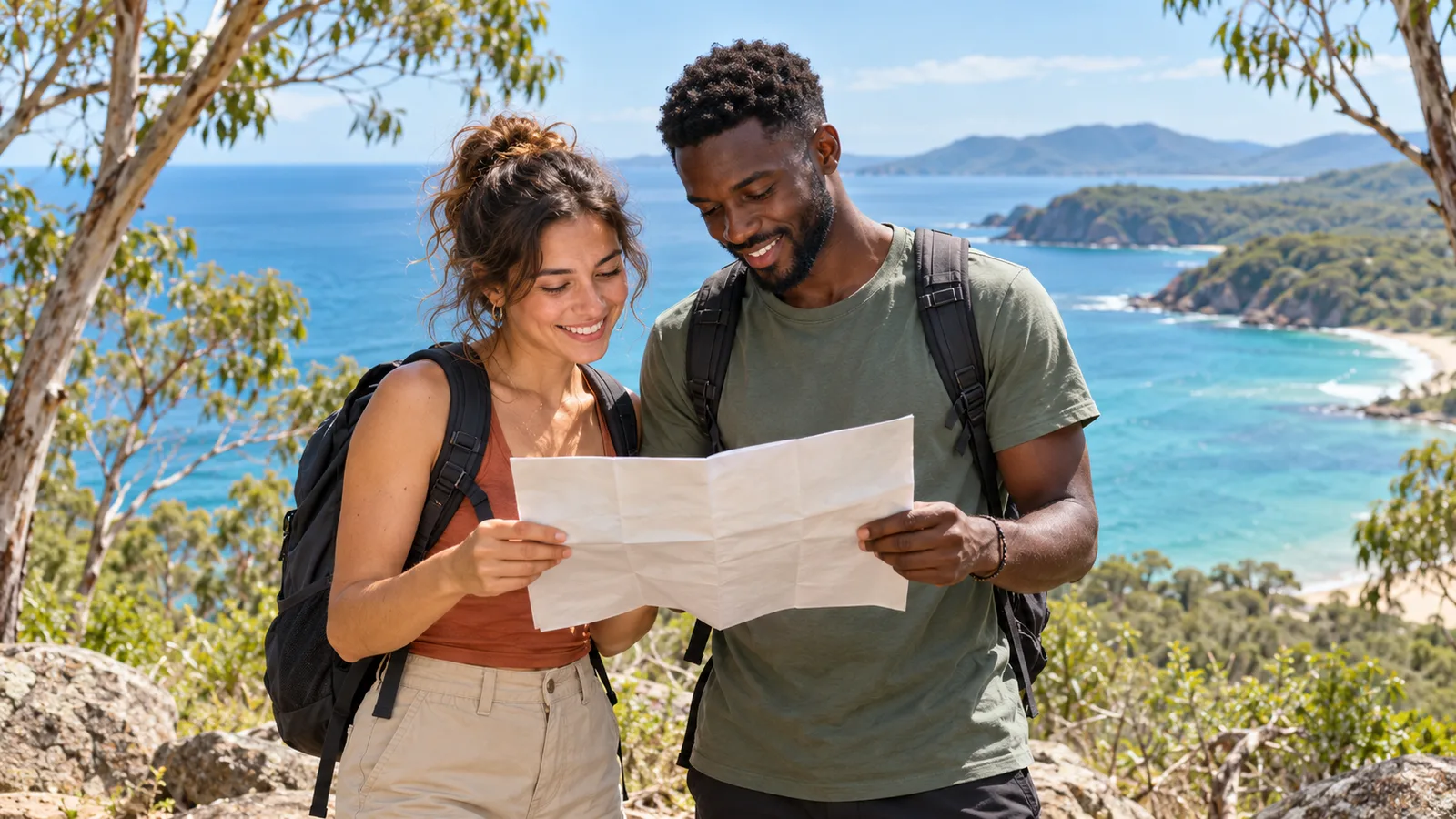 Dos jóvenes españoles con mochilas revisan un itinerario en un mirador de la costa de Queensland.