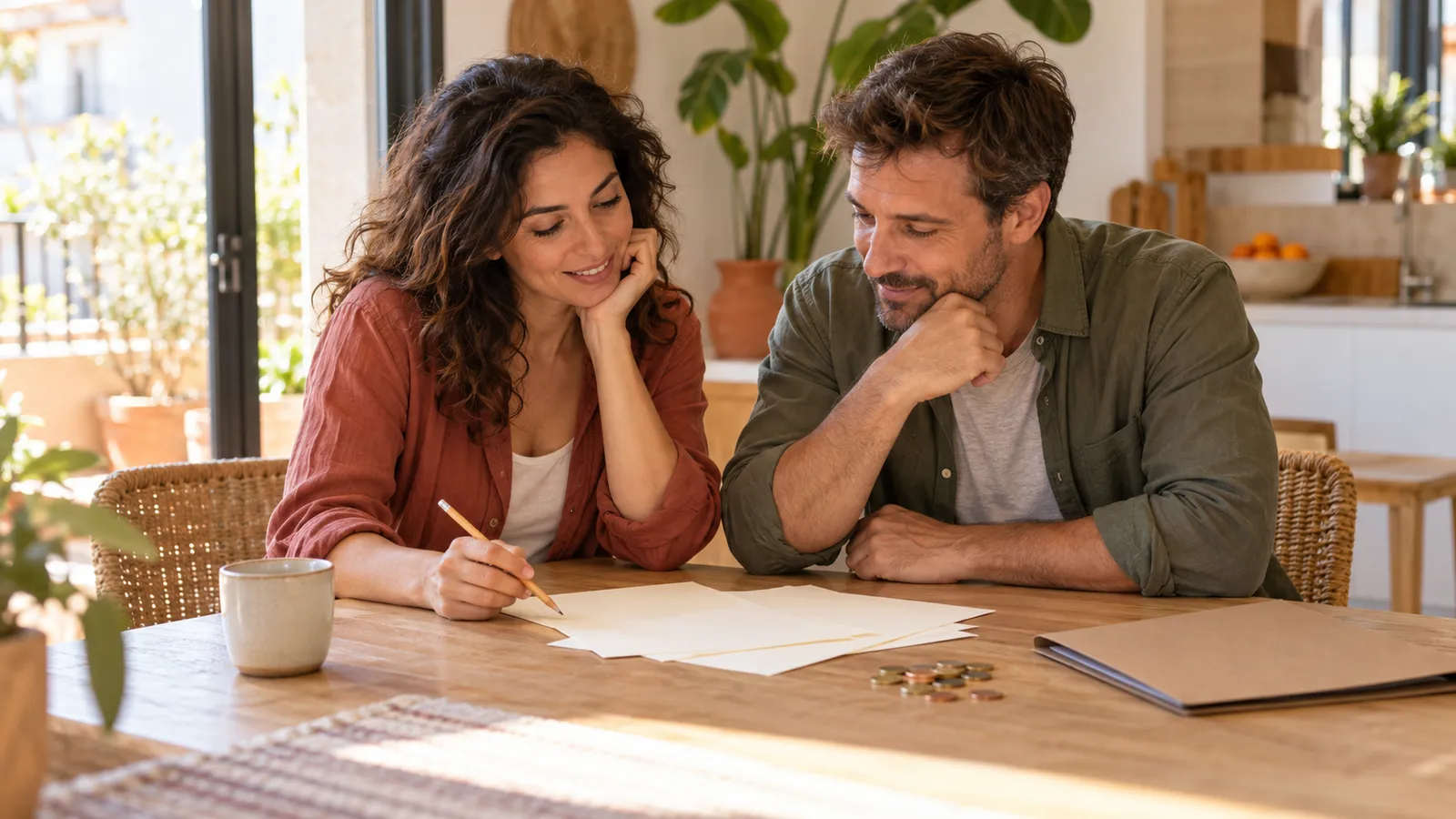 Una pareja revisa papeles en blanco junto a unas monedas y una carpeta sobre la mesa de una cocina luminosa.