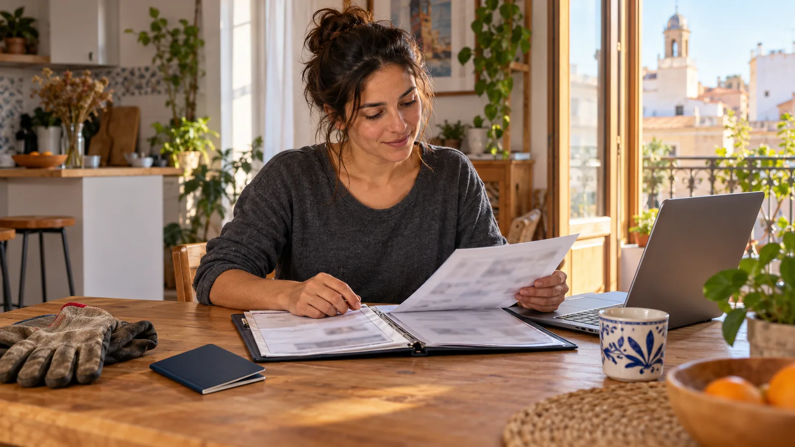 Una soldadora revisa documentos junto a un portátil y sus guantes de trabajo en una cocina luminosa de Valencia.