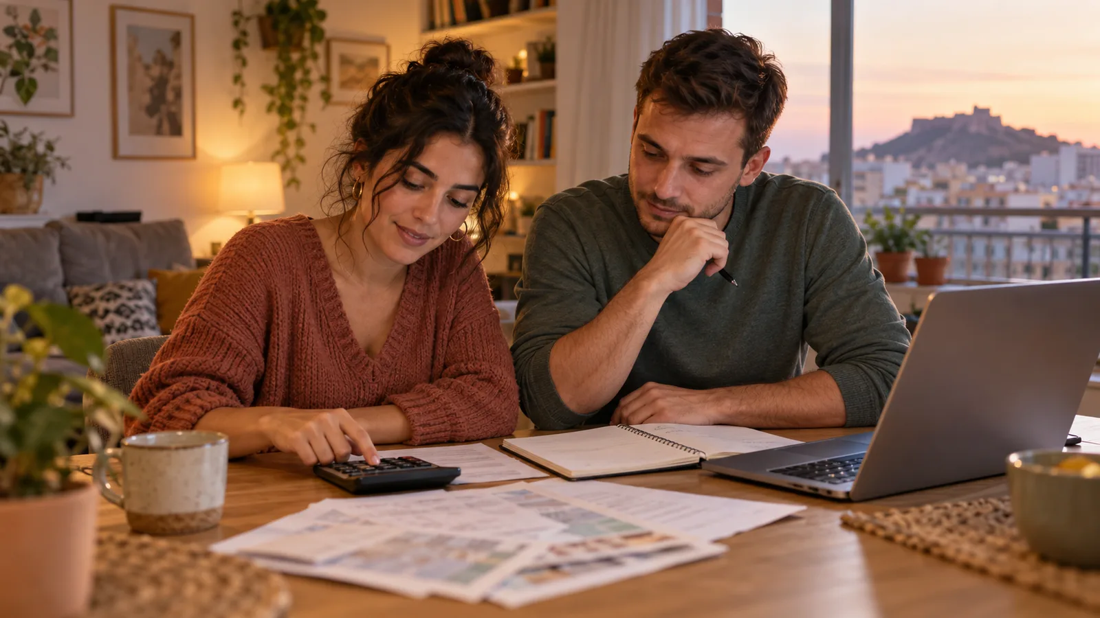 Una pareja calcula su presupuesto en casa con una calculadora, un cuaderno y un portátil al atardecer.