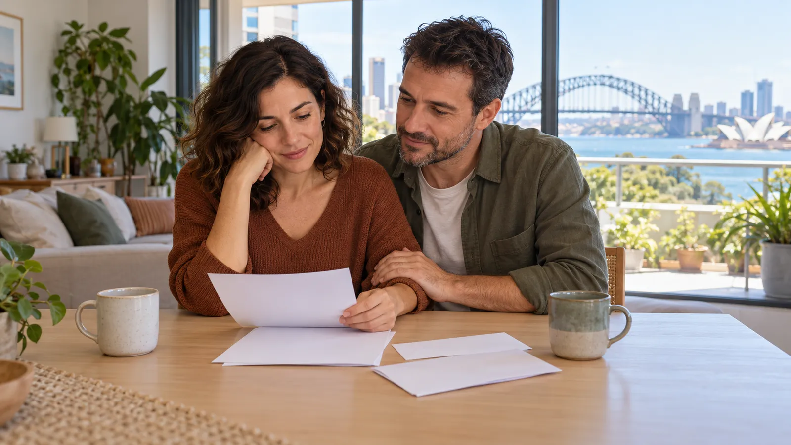 Una pareja revisa papeles en la mesa de un piso con vistas al puerto y al puente de Sídney.