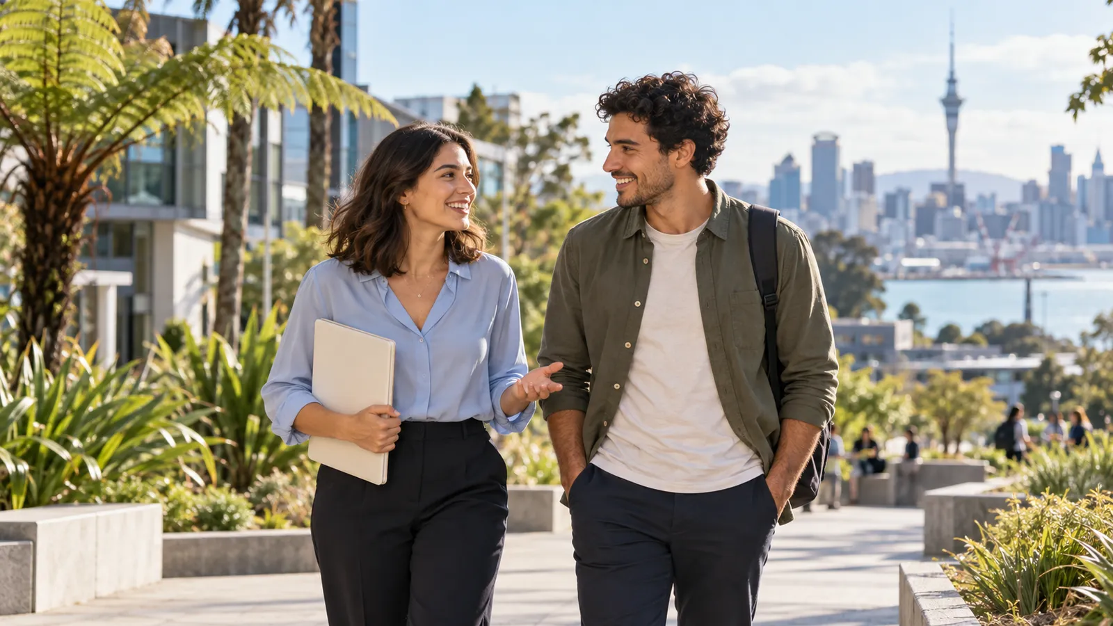 Una mujer con una carpeta y un hombre con mochila conversan en un campus ajardinado con Auckland al fondo.