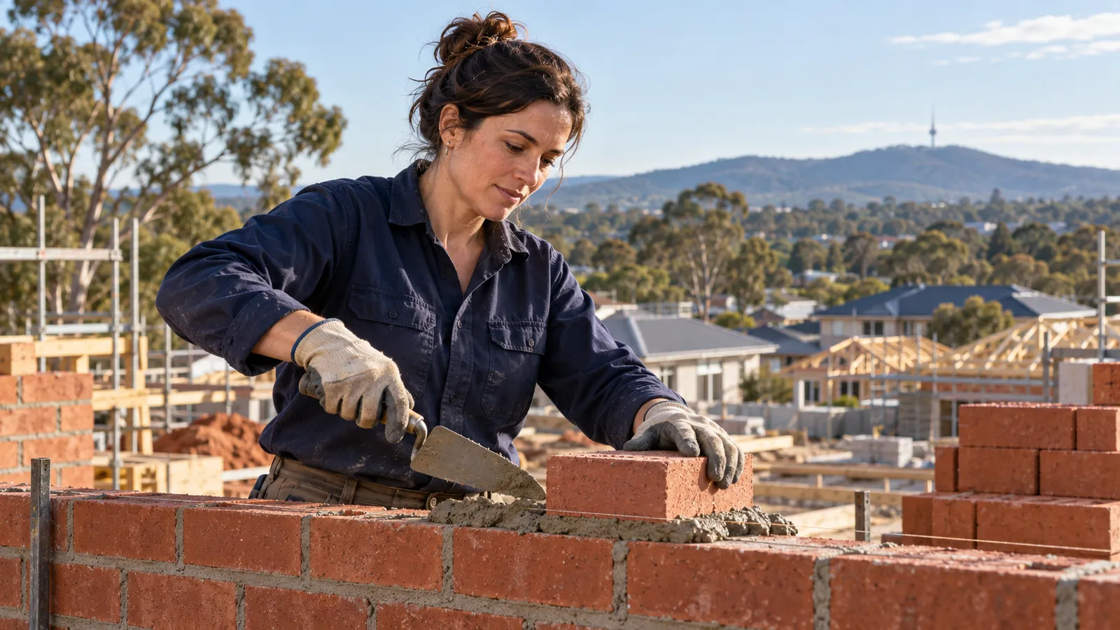 Una albañil construye un muro de ladrillo en una obra de Canberra, con viviendas y colinas al fondo.