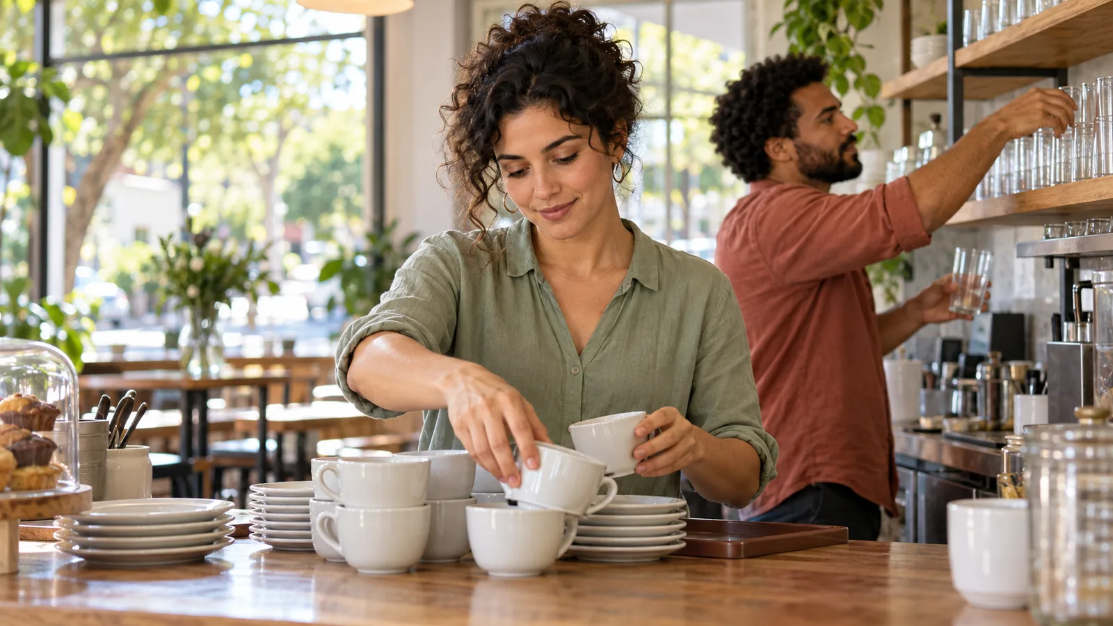 Una española ordena tazas en una cafetería de Australia mientras un compañero coloca vasos en una estantería.