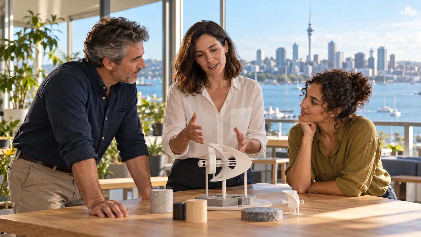 Tres profesionales examinan un prototipo en una oficina luminosa con vistas al puerto y al perfil urbano de Auckland.