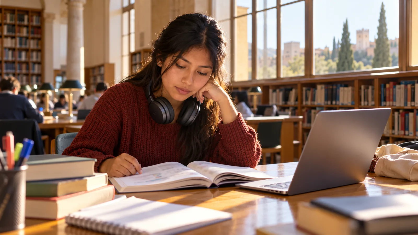 Una estudiante con auriculares al cuello estudia con un libro y un portátil en una biblioteca de Granada.