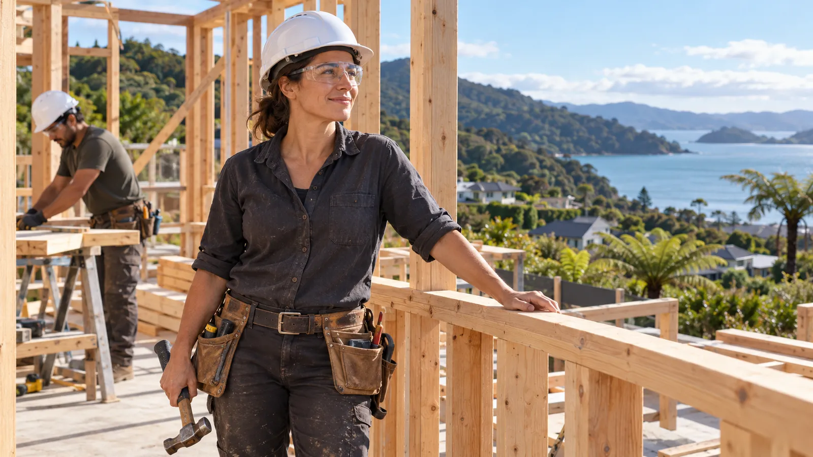 Una carpintera con casco y martillo en una casa en construcción en Nueva Zelanda, con un compañero y una bahía al fondo.