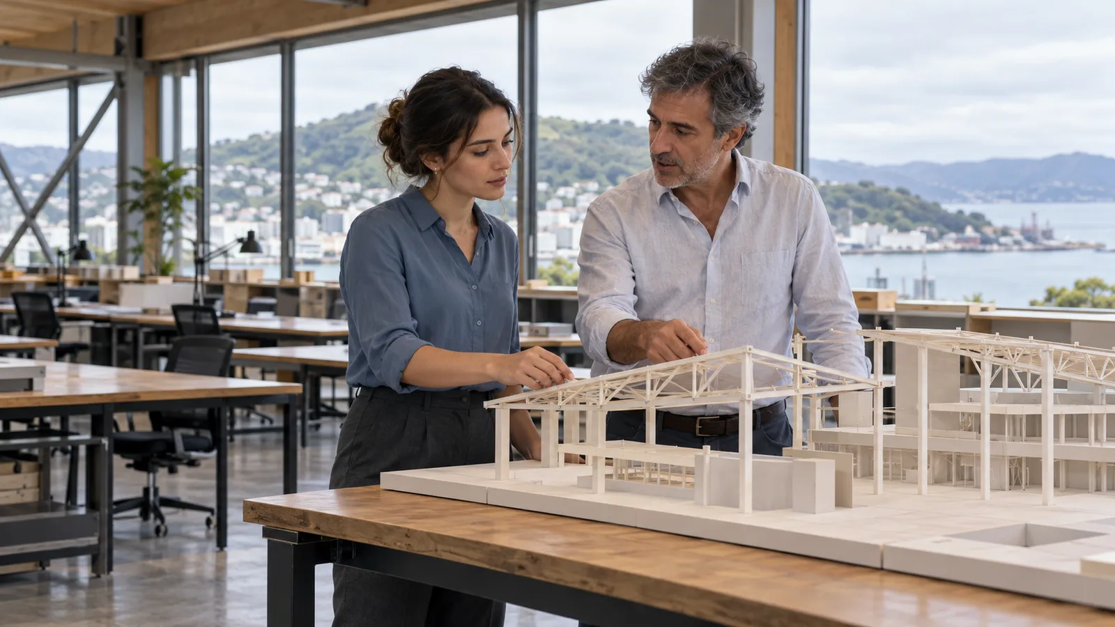 Una ingeniera joven y un compañero revisan una maqueta estructural en una oficina luminosa con vistas al puerto de Wellington.