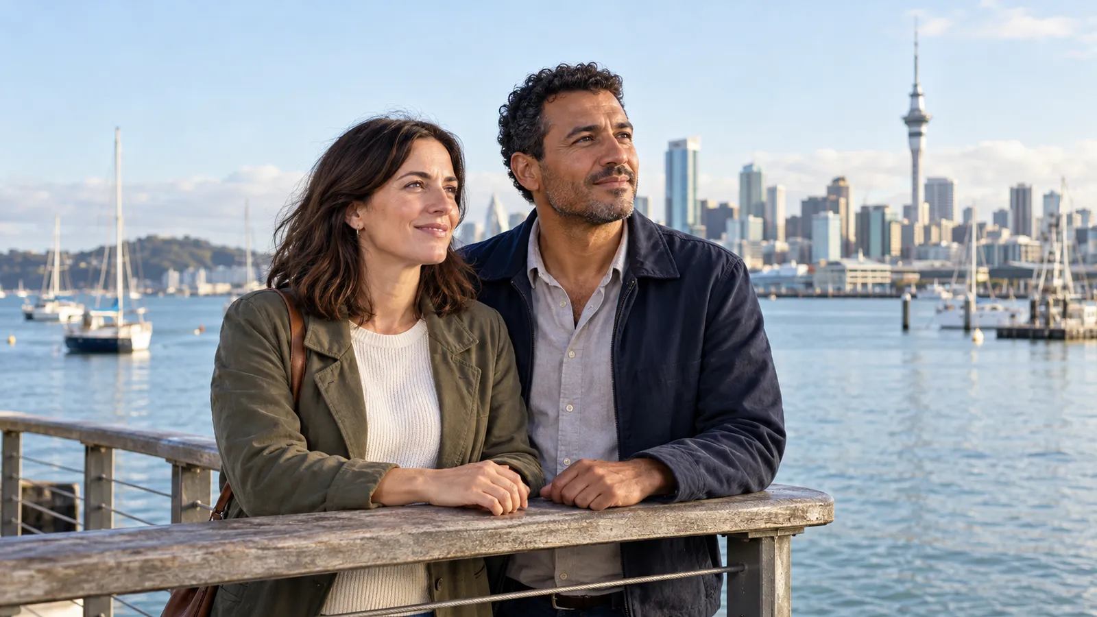 Una pareja apoyada en una barandilla junto al puerto de Auckland, con veleros y la Sky Tower al fondo.