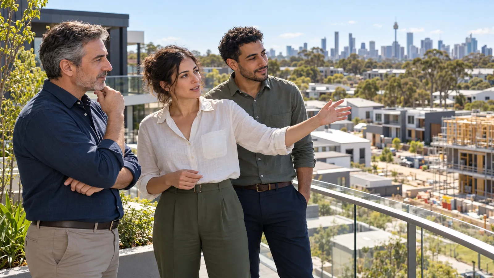 Tres profesionales conversan en una terraza con vistas a viviendas en construcción y al perfil urbano de Sídney.