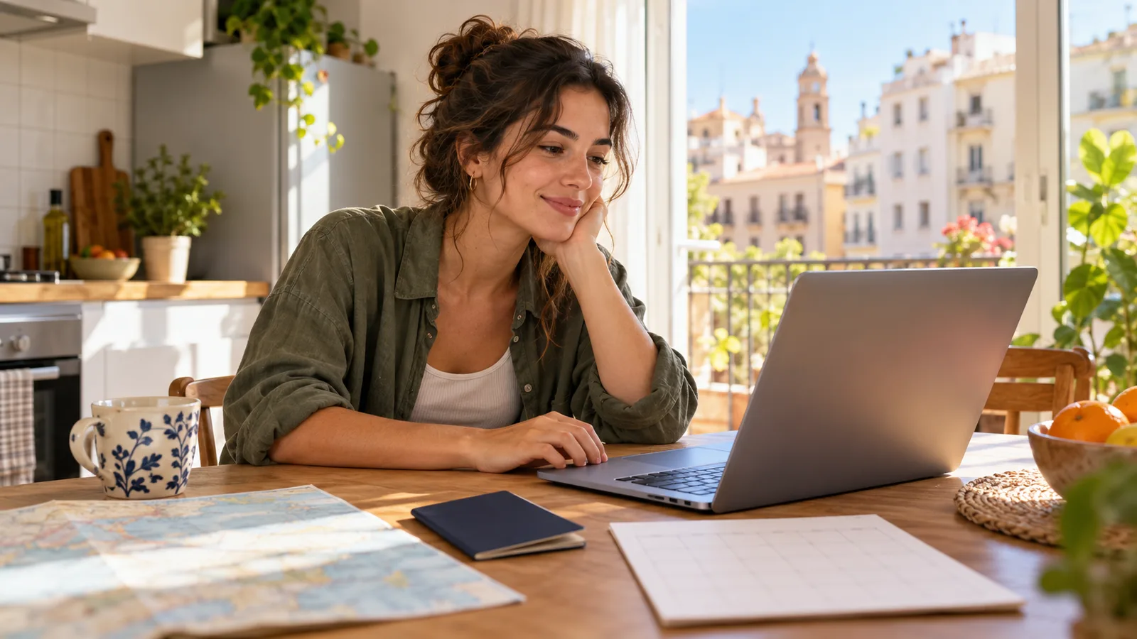 Una joven consulta su portátil en una cocina soleada de Valencia, con un pasaporte y un calendario sobre la mesa.