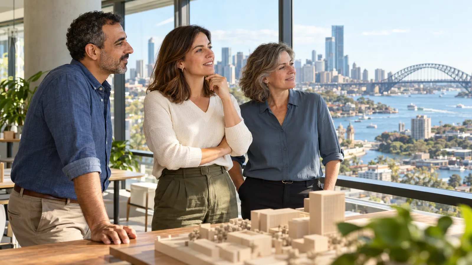 Tres profesionales junto a una maqueta arquitectónica en una oficina luminosa con vistas al puerto y al puente de Sídney.