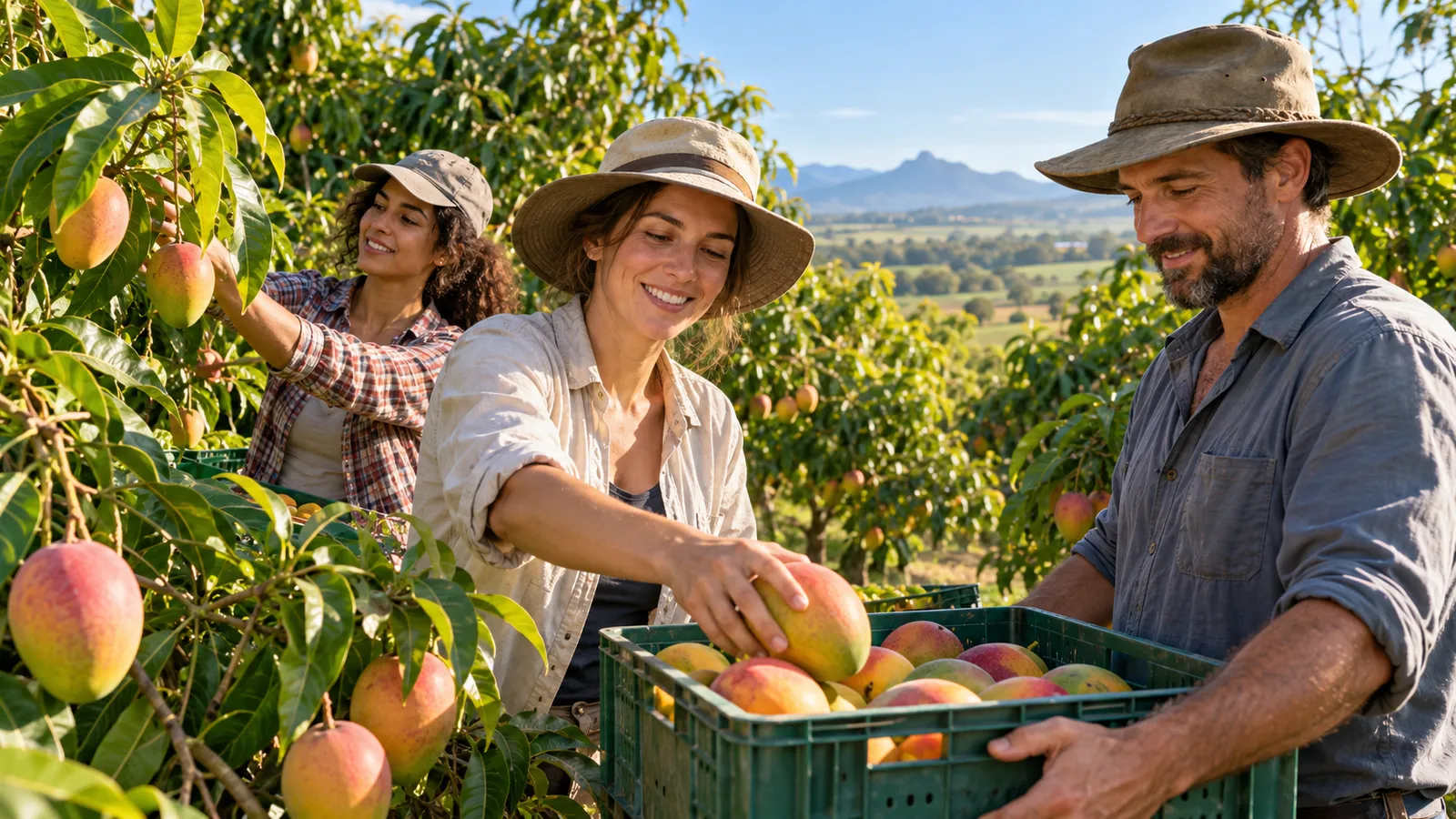 Tres trabajadores recogen mangos y llenan una caja en una plantación australiana bajo la luz del sol.