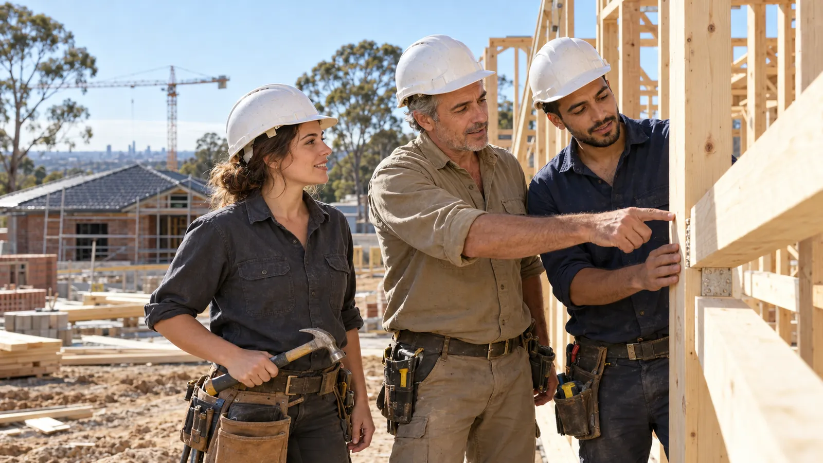 Tres profesionales de la construcción con casco revisan la estructura de madera de una vivienda en una obra en Australia.