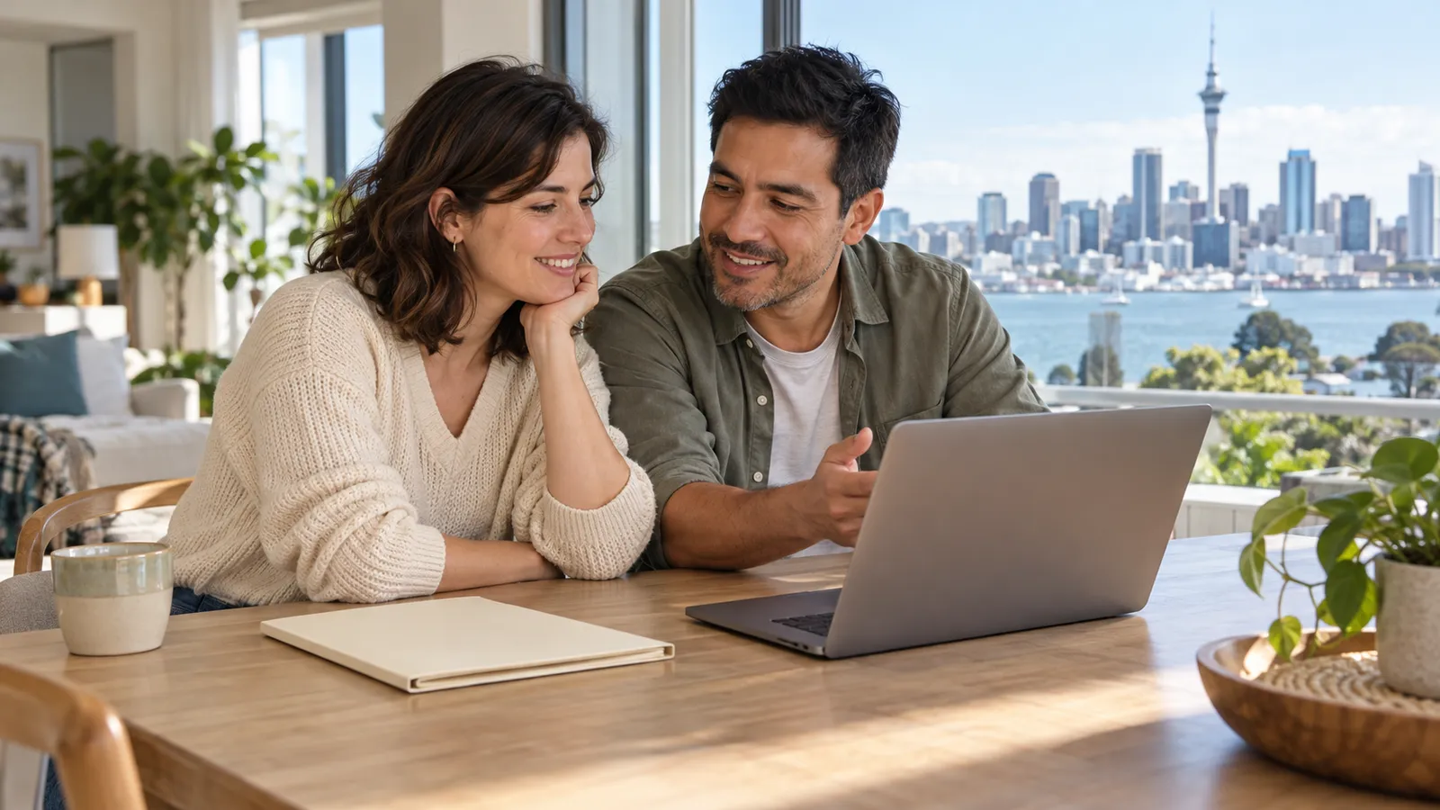 Una pareja sonríe ante un portátil en una mesa con una carpeta, junto a un ventanal con vistas al puerto de Auckland.