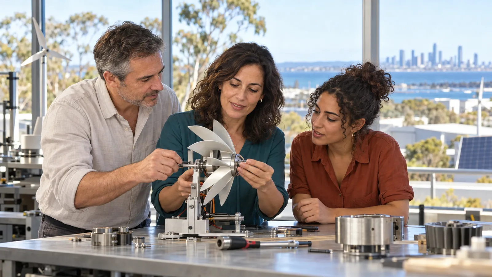 Tres profesionales examinan una pequeña turbina en un taller luminoso con vistas a una ciudad costera australiana.