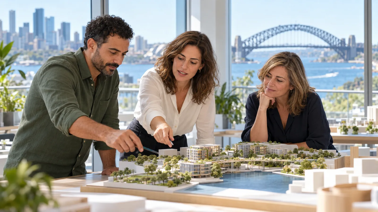 Tres profesionales revisan una maqueta urbanística en una oficina luminosa con vistas al puerto y al puente de Sídney.