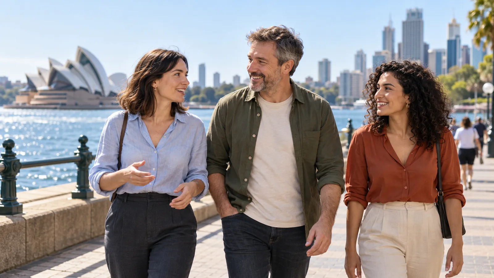 Tres adultos pasean y conversan junto al puerto de Sídney, con la Ópera y los rascacielos al fondo.