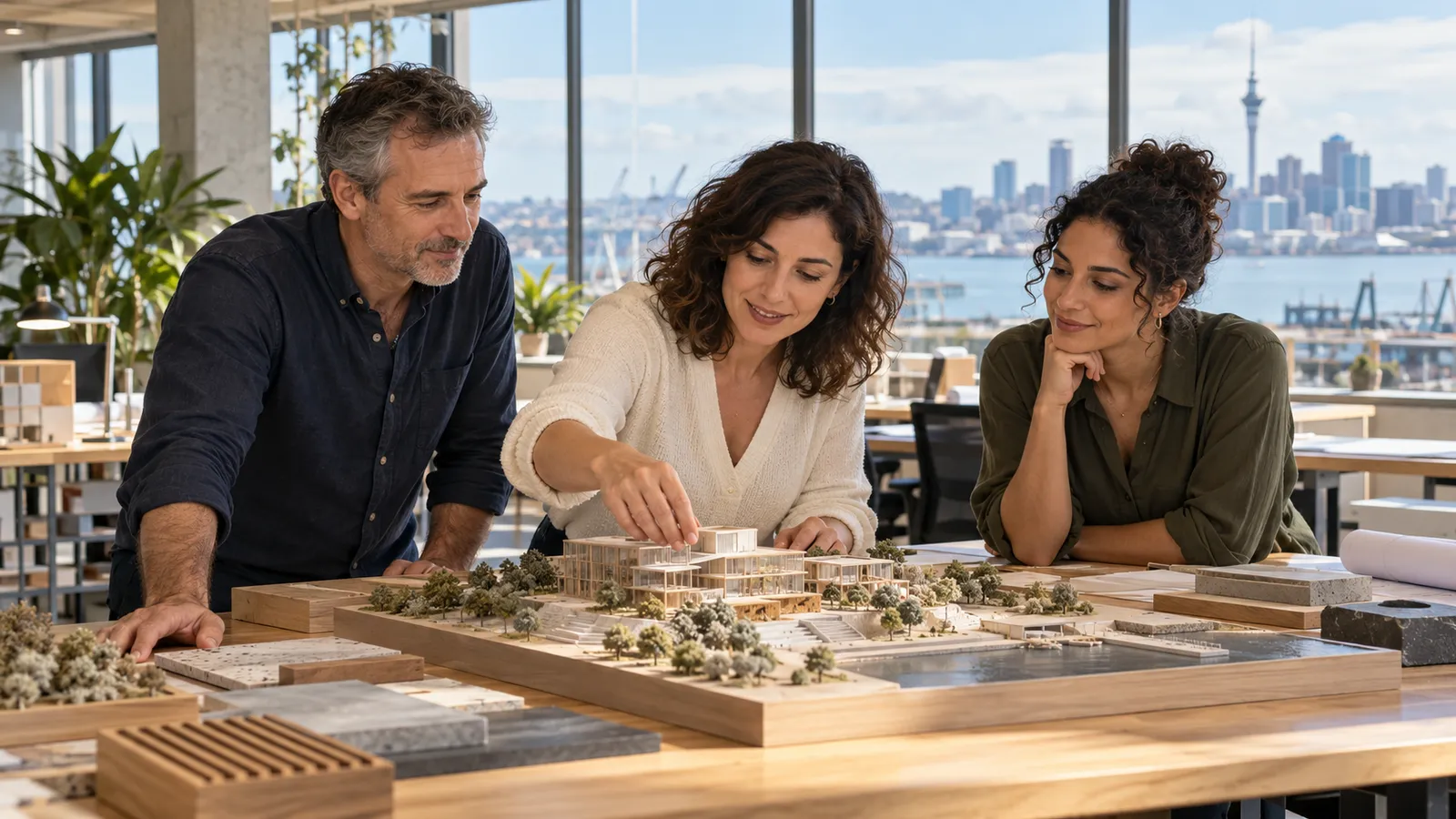 Tres profesionales trabajan en una maqueta arquitectónica en un estudio luminoso con vistas al puerto de Auckland.