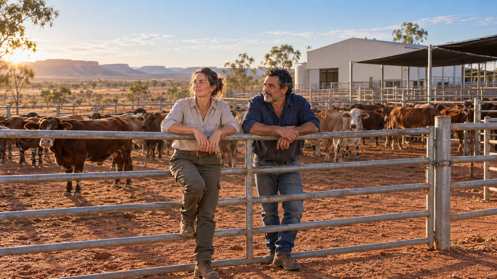 Dos trabajadores apoyados en una valla junto a ganado y una nave industrial en un entorno rural de Australia Occidental.