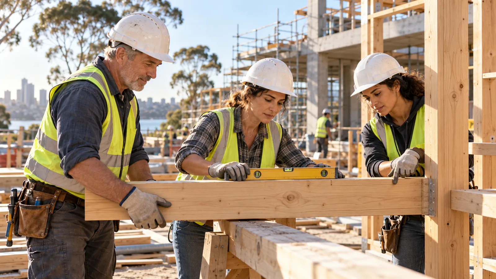 Tres profesionales de la construcción comprueban con un nivel la alineación de una viga de madera en una obra en Australia.