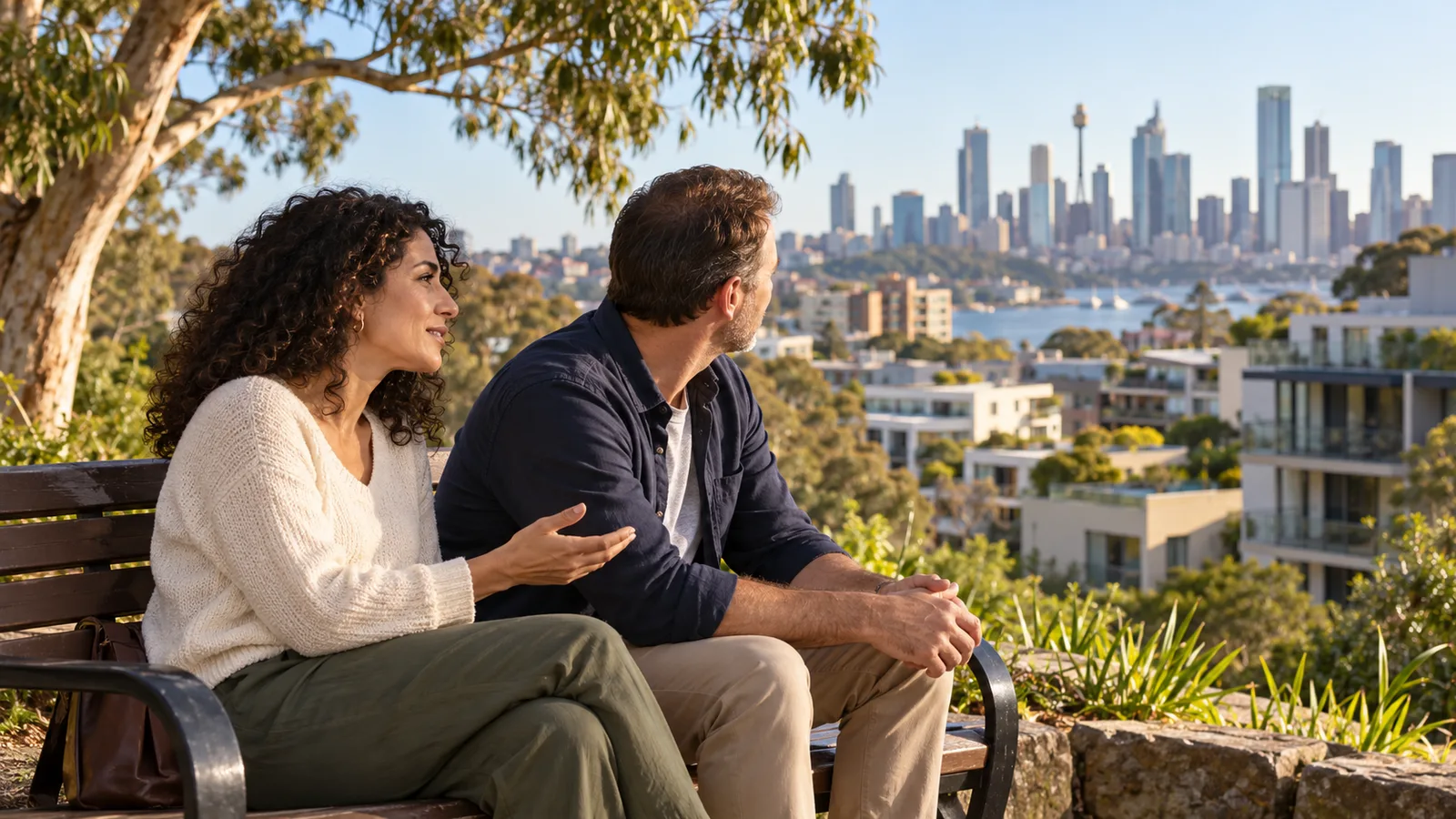 Dos adultos españoles conversan en un banco con vistas a viviendas y rascacielos de una ciudad australiana.