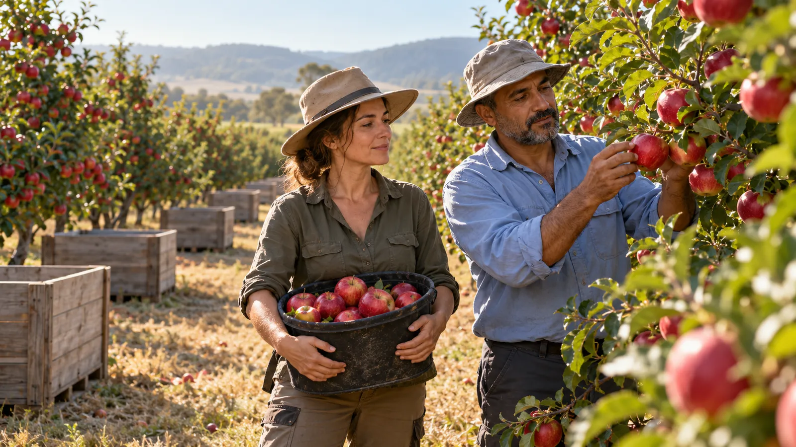 Dos trabajadores recogen manzanas maduras en un huerto australiano, con cajas vacías entre las hileras de árboles.