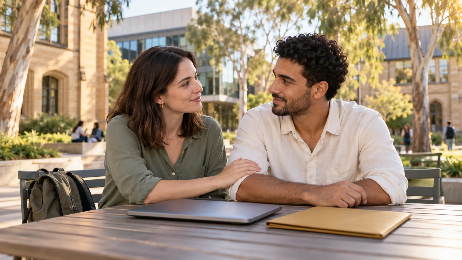 Una pareja conversa en el patio de una universidad australiana, con un portátil cerrado y una carpeta sobre la mesa.