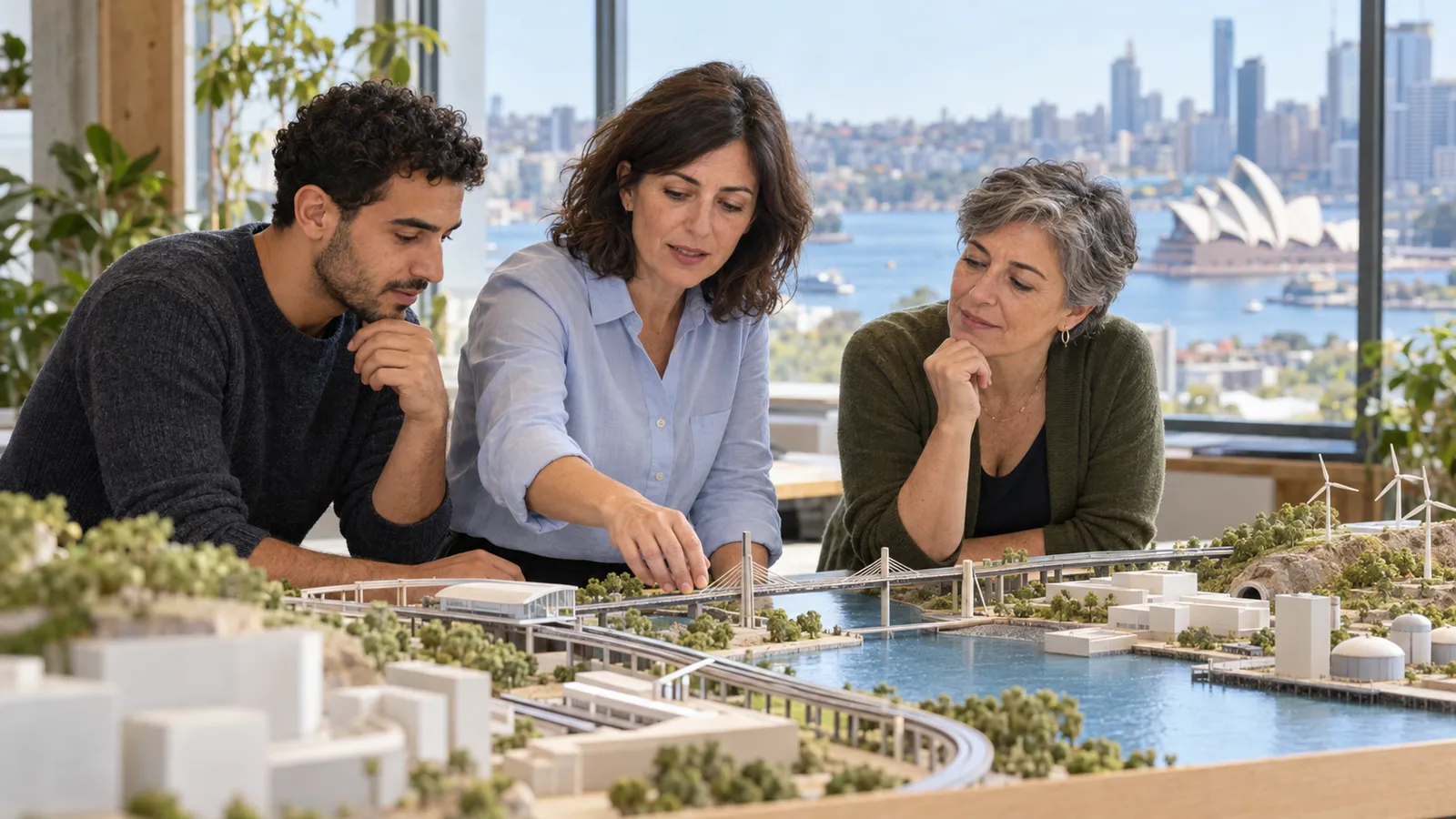 Tres profesionales examinan una maqueta de infraestructuras en un estudio con vistas al puerto y la Ópera de Sídney.