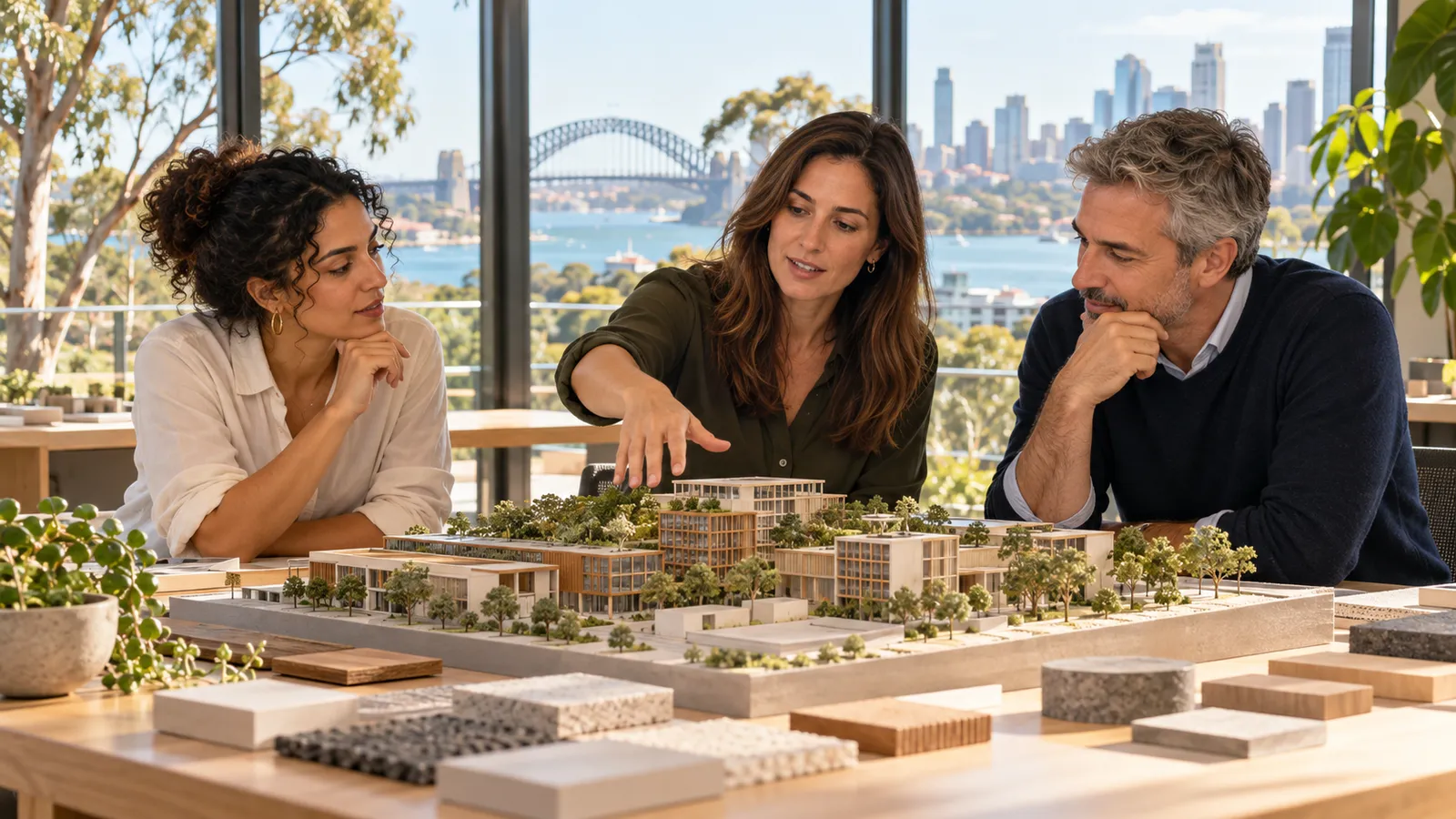 Tres profesionales examinan una maqueta arquitectónica en una oficina luminosa con vistas al puerto de Sídney.